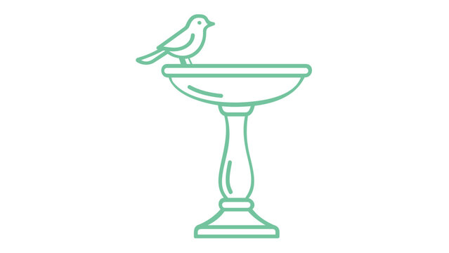 Minimalist vector illustration of a small bird perched on a garden birdbath, featuring a clean line art style with a blue and green gradient, ideal for nature, gardening, and wildlife design.