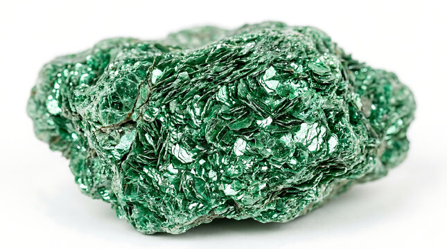 A beautiful deep green raw malachite mineral specimen on a white background