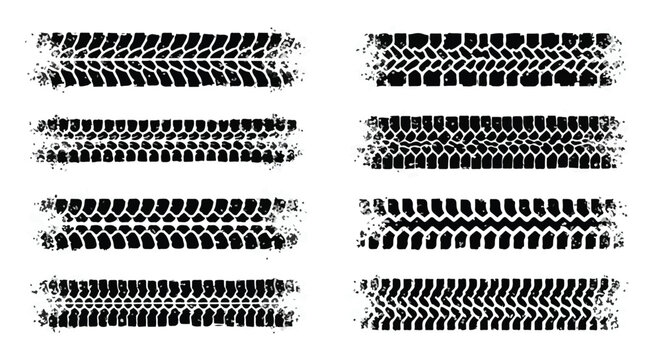 Seamless black vector pattern set of tire tracks and wheel tread prints featuring geometric car tyre textures and circle shapes for artistic border design