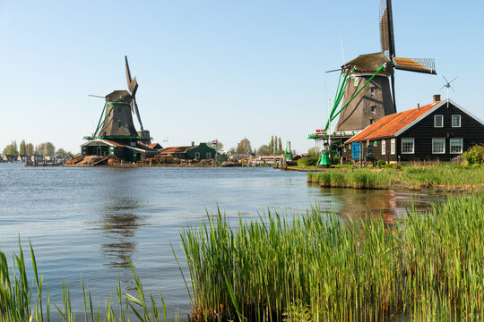 Dutch windmills and canal landscape near Amsterdam park