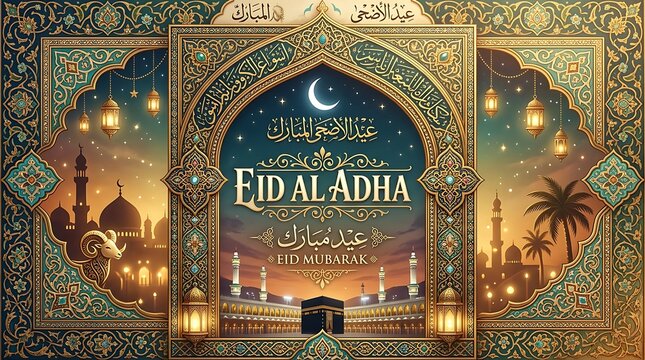 Eid al adha greeting card with mosque and crescent moon illustration