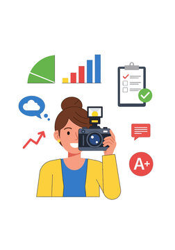 Woman Holding Camera With Icons.