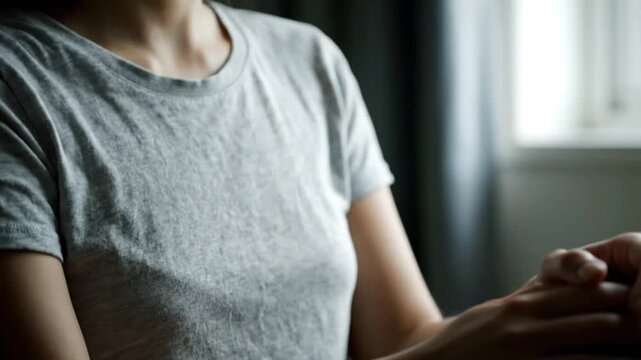 Woman wringing hands in lap showing signs of anxiety or stress
