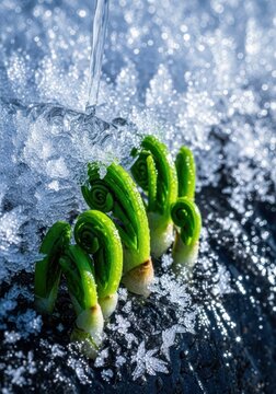 Abstract view of severe frost melting instantly as vibrant green shoots emerge, signifying the abrupt end of the harsh cold season, snow, winter, future