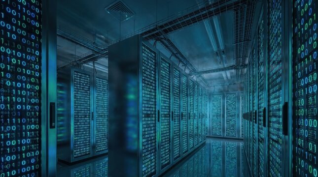 Binary code server grid representing artificial intelligence technology, seamless loop motion background feel, structured numerical architecture, cool cyber glow, photorealistic digital environment,