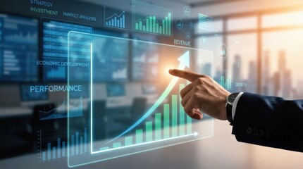 Fototapeta premium A business growth and financial success concept with a businessman's hand pointing at a rising arrow and bar chart, strategy planning, investment, market analysis, economic development, performance,