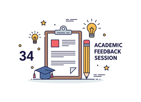Academic feedback session sign featuring a clipboard, pencil, and small idea spark icons symbolizing thoughtful evaluation and constructive guidance.