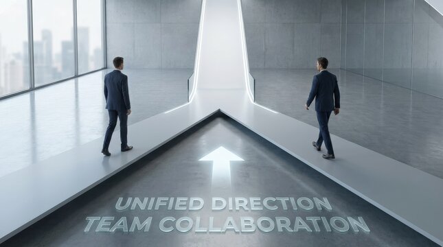 Two men on separate paths merging into one rising route with an upward arrow, symbolizing business alignment, team collaboration, and unified direction, minimalist setting, polished surfaces,