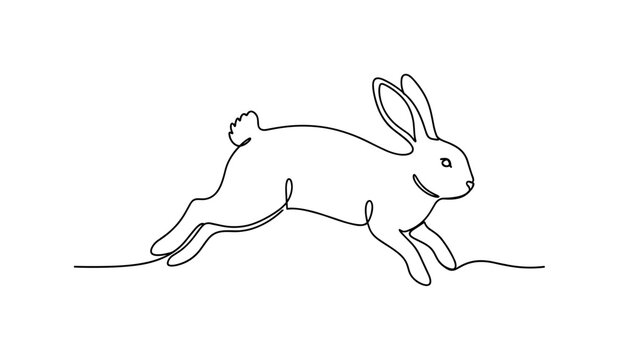 Light Jump. Minimalistic one-line drawing a rabbit in mid-air with gentle arc posture, continuous single black line on white background, simple outline style,