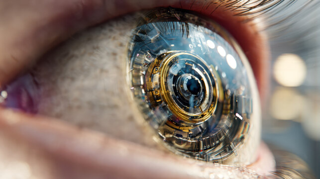 Futuristic human eye with integrated mechanical and digital components reflecting advanced cybernetic technology and innovative robotic enhancements concept