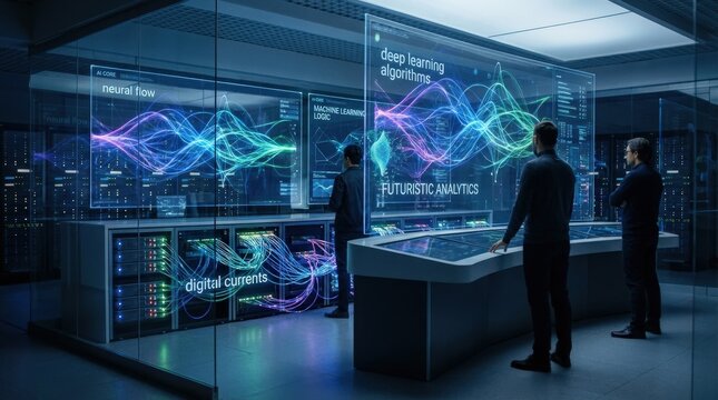 Big data innovation scene with artificial intelligence, neural flow, deep learning algorithms, machine learning logic, and futuristic analytics, glowing digital currents, polished sci-tech mood,