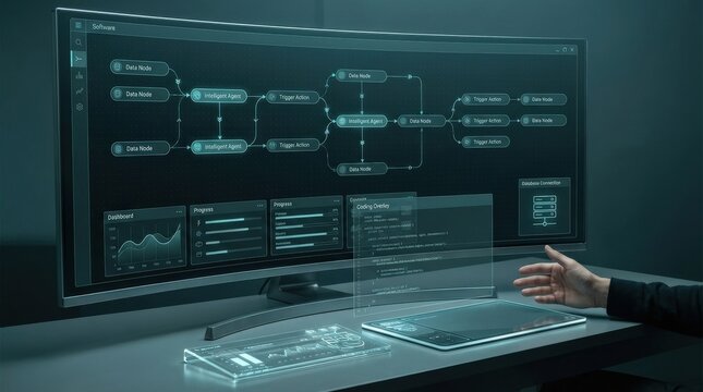 AI workflow system with intelligent agent software, data nodes, trigger actions, dashboard widgets, coding overlays, and database connections, elegant futuristic UI, dark cyan palette, photorealistic,