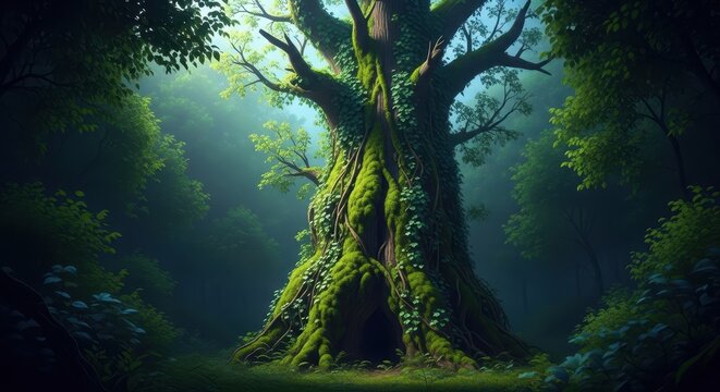 Exploring the depths of an ancient, mysterious woodland featuring colossal overgrown trees and thick, impenetrable green foliage, roots, woodland, trees