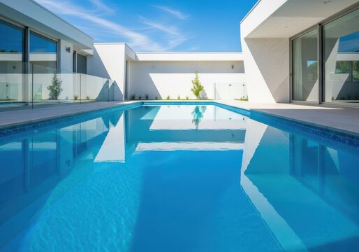 Luxurious backyard swimming pool with crystal clear blue water reflecting the bright sunny sky and modern architecture, contemporary, geometric, deck