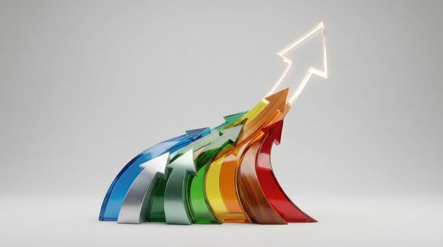 Colorful arrows merging upward into a single direction, symbolizing growth, unity, teamwork, and collective success, clean conceptual composition, polished materials, photorealistic,no logos