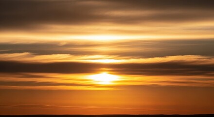 Fototapeta premium Spectacular view of the late afternoon sun breaking through layers of clouds, casting brilliant golden and orange tones across the sky, tranquil, cloudscape, twilight