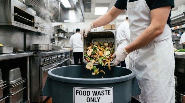 A chef empties vegetable scraps into a food waste bin. It highlights sustainable practices and waste management in a professional kitchen. Use for articles on sustainability or management.