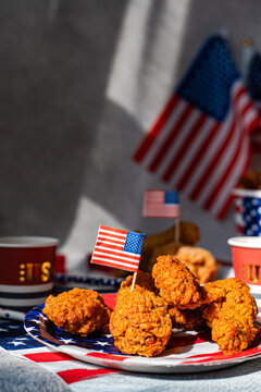 Independence Day party chicken wings with USA flag decor