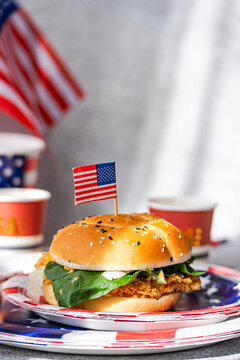 Patriotic burger at USA Independence Day party table