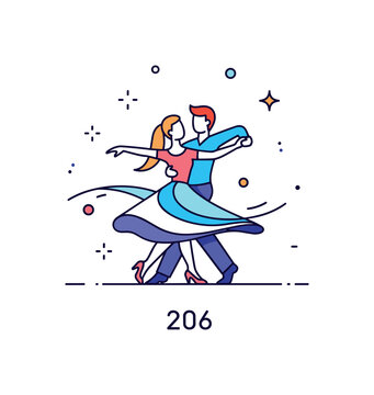 Partner dance movement scene with a couple mid spin, flowing shapes, and light spark accents expressing elegance, coordination, and musical harmony. Minimalist