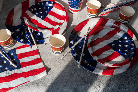 Patriotic USA Independence Day party tableware flat lay
