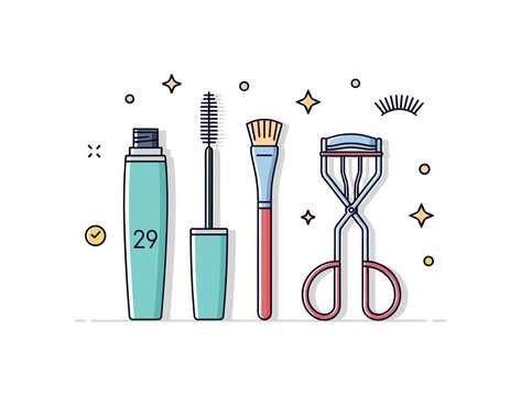Minimal cosmetic tools composition with a mascara tube, brush, and eyelash curler arranged cleanly conveying order, elegance, and everyday grooming. Minimalist