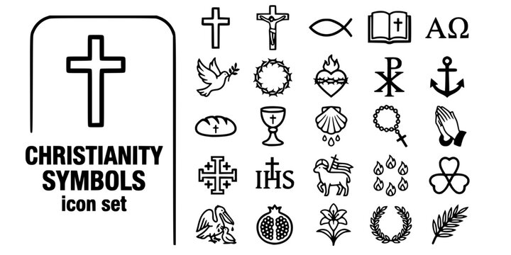 Christianity Symbols Faith Bold Line Icons-Cross Ichthys Bible Alpha Omega Sacred Heart Chi-Rho Anchor Chalice Rosary Agnus Dei-25 Christianity Icon Set Vector