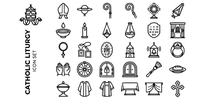 Catholic Church Liturgy Bold Line Icons-Papal Tiara Mitre Crozier Monstrance Thurible Rosary Scapular Tabernacle Vestment-25 Catholic Liturgy Icon Set Vector