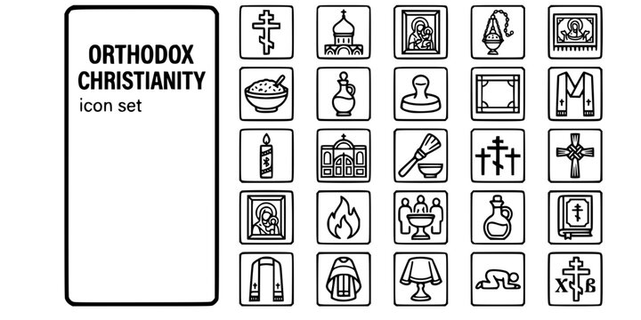 Eastern Orthodox Christianity Bold Line Icons-Orthodox Cross Byzantine Iconostasis Epitaphios Chrismation Prosforon Paschal Theotokos-25 Orthodox Icon Set Vector
