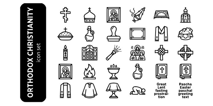 Eastern Orthodox Christianity Bold Line Icons-Orthodox Cross Byzantine Iconostasis Epitaphios Chrismation Prosforon Paschal Theotokos-25 Orthodox Icon Set Vector