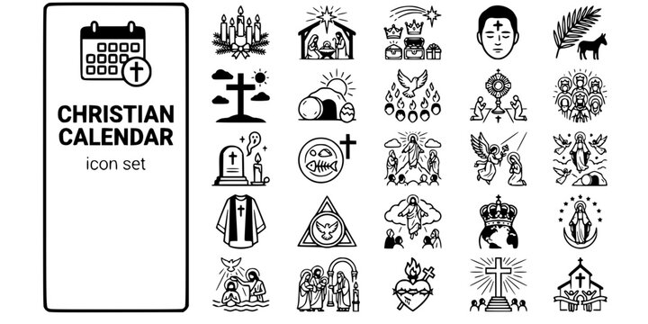 Christian Calendar Feasts Bold Line Icons-Advent Christmas Easter Pentecost Lent Epiphany Ascension All Saints Corpus Christi-25 Christian Calendar Icon Set Vector