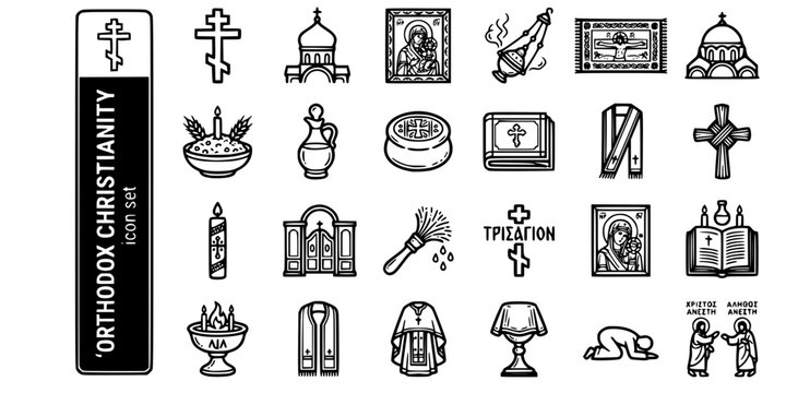 Eastern Orthodox Christianity Bold Line Icons-Orthodox Cross Byzantine Iconostasis Epitaphios Chrismation Prosforon Paschal Theotokos-25 Orthodox Icon Set Vector