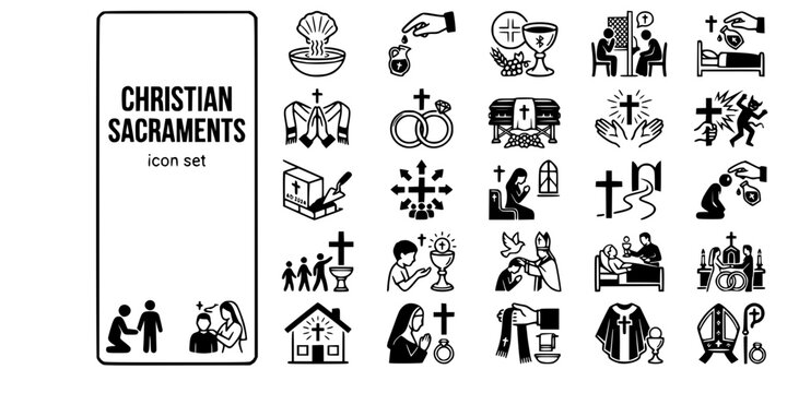 Christian Sacraments Rites Bold Line Icons-Baptism Confirmation Eucharist Reconciliation Anointing Orders Matrimony RCIA Viaticum-25 Sacraments Icon Set Vector