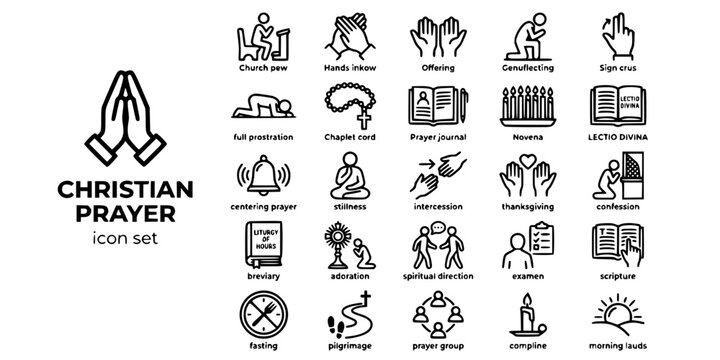 Christian Prayer Devotion Bold Line Icons-Kneeling Folded Hands Lectio Divina Novena Chaplet Contemplative Intercession Examen Breviary-25 Prayer Icons Icon Set Vector