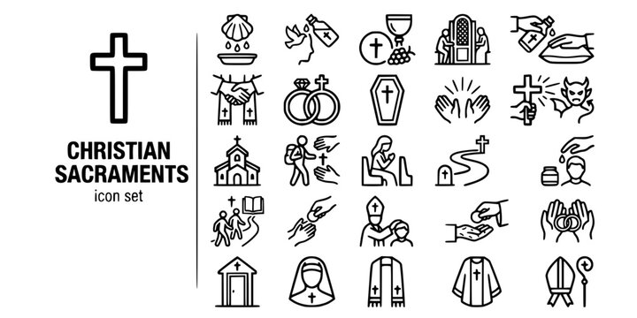 Christian Sacraments Rites Bold Line Icons-Baptism Confirmation Eucharist Reconciliation Anointing Orders Matrimony RCIA Viaticum-25 Sacraments Icon Set Vector