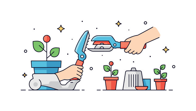Practical gardening care scene with a tool being sharpened and small plant icons expressing preparation for seasonal work. Minimalist flat vector illustration,