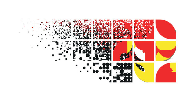 analog distortion transforming into geometric abstraction, black and white noise field morphing into circles and rectangles, structured composition with bold