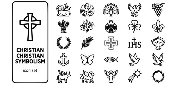 Christian Art Symbolism Bold Line Icons-Agnus Dei Pelican Peacock Phoenix Pomegranate Trefoil Fleur-de-lis Jerusalem Cross IHS-25 Christian Symbols Icon Set Vector