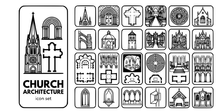 Christian Church Architecture Bold Line Icons-Gothic Romanesque Basilica Nave Rose Window Buttress Baptistery Crypt Labyrinth Chancel-25 Church Architecture Icon Set Vector