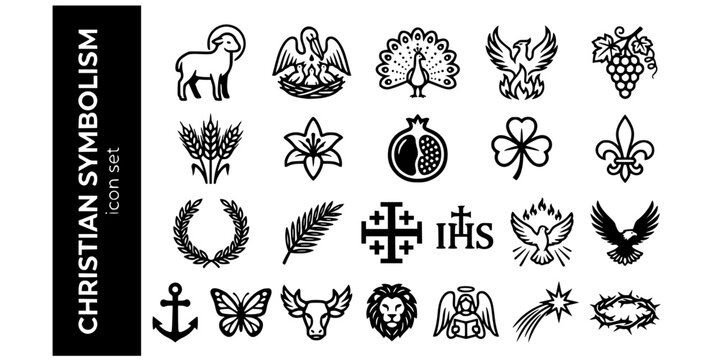 Christian Art Symbolism Bold Line Icons-Agnus Dei Pelican Peacock Phoenix Pomegranate Trefoil Fleur-de-lis Jerusalem Cross IHS-25 Christian Symbols Icon Set Vector