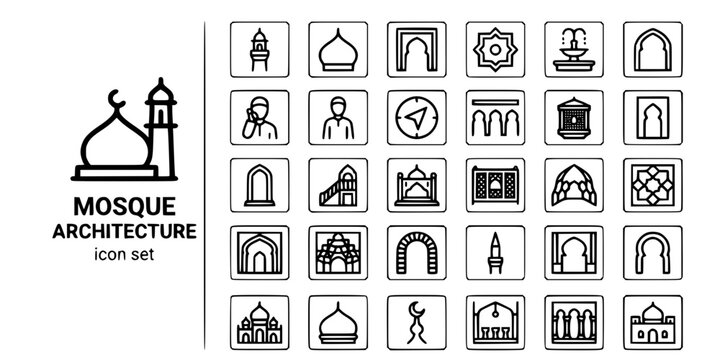 Mosque Islamic Architecture Bold Line Icons-Minaret Dome Iwan Sahn Mihrab Minbar Mashrabiya Muqarnas Riwaq Qibla Ottoman Mughal-25 Mosque Architecture Icon Set Vector