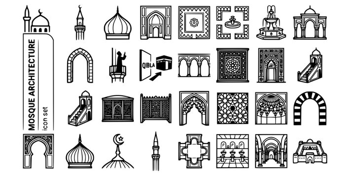 Mosque Islamic Architecture Bold Line Icons-Minaret Dome Iwan Sahn Mihrab Minbar Mashrabiya Muqarnas Riwaq Qibla Ottoman Mughal-25 Mosque Architecture Icon Set Vector