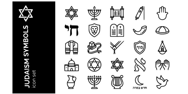 Judaism Symbols Faith Bold Line Icons-Star David Menorah Torah Mezuzah Hamsa Chai Shofar Kippah Tallit Tefillin Tzitzit-25 Judaism Icon Set Vector