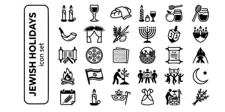 Jewish Sabbath Holidays Bold Line Icons-Shabbat Kiddush Challah Rosh Hashanah Yom Kippur Sukkot Hanukkah Purim Passover Shavuot-25 Jewish Holidays Icon Set Vector