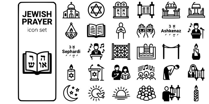 Jewish Prayer Synagogue Bold Line Icons-Aron Kodesh Bimah Siddur Amidah Shema Mechitza Mikveh Kaddish Minyan Aliyah Hazzan-25 Jewish Prayer Icon Set Vector