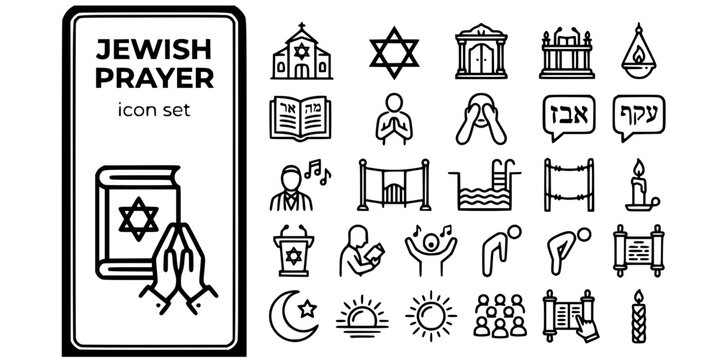 Jewish Prayer Synagogue Bold Line Icons-Aron Kodesh Bimah Siddur Amidah Shema Mechitza Mikveh Kaddish Minyan Aliyah Hazzan-25 Jewish Prayer Icon Set Vector