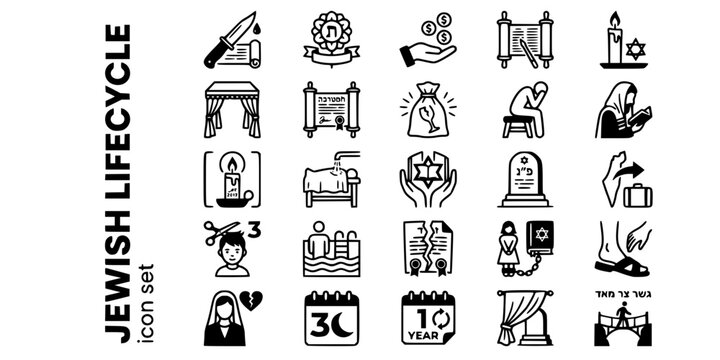 Jewish Lifecycle Rites of Passage Bold Line Icons-Brit Milah Bar Mitzvah Chuppah Ketubah Shiva Kaddish Yahrzeit Tahara Conversion-25 Jewish Lifecycle Icon Set Vector