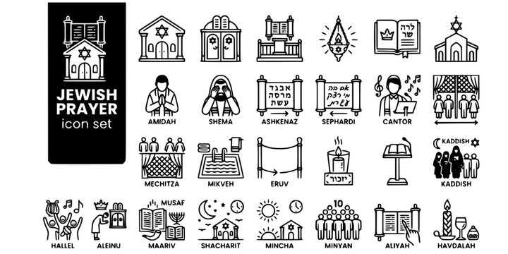 Jewish Prayer Synagogue Bold Line Icons-Aron Kodesh Bimah Siddur Amidah Shema Mechitza Mikveh Kaddish Minyan Aliyah Hazzan-25 Jewish Prayer Icon Set Vector
