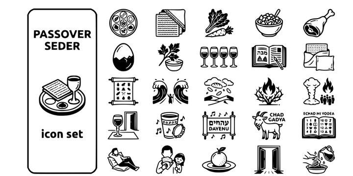 Passover Seder Exodus Bold Line Icons-Seder Plate Matzah Maror Charoset Haggadah Afikomen Plagues Red Sea Elijah Miriam Dayenu-25 Passover Icon Set Vector