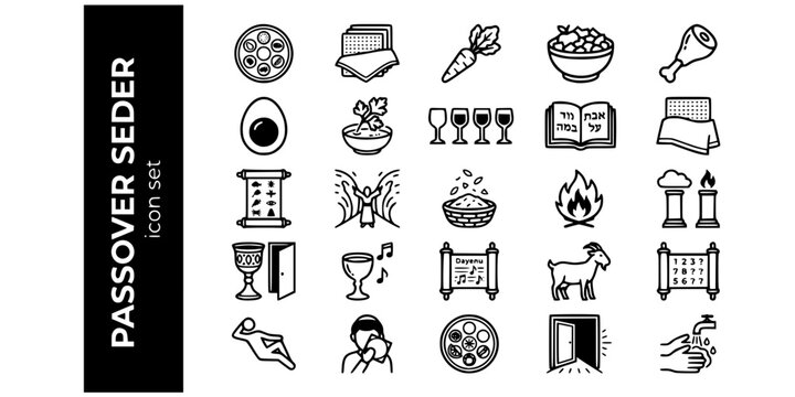 Passover Seder Exodus Bold Line Icons-Seder Plate Matzah Maror Charoset Haggadah Afikomen Plagues Red Sea Elijah Miriam Dayenu-25 Passover Icon Set Vector